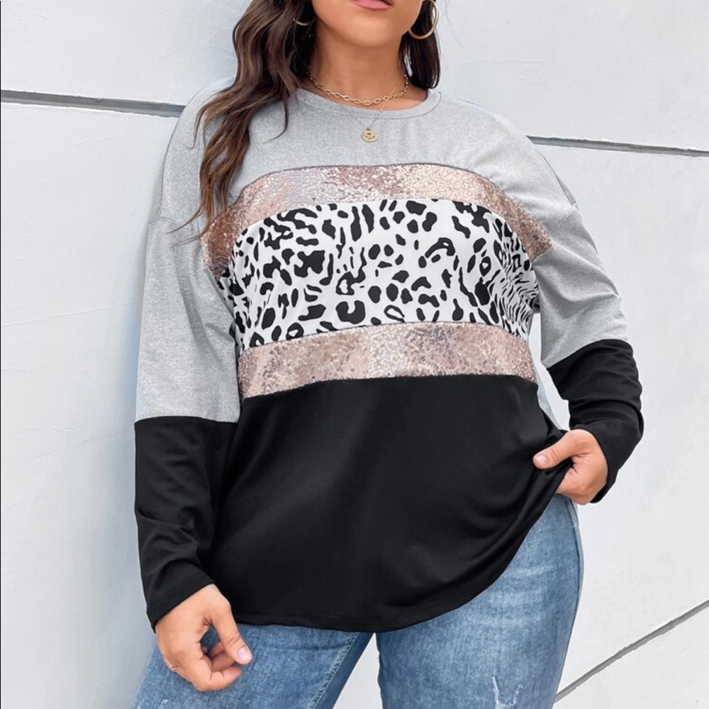 Plus Leopard Print Contrast Sequin Drop Shoulder Tee T Shirt Top Blouse - Picture 1 of 5